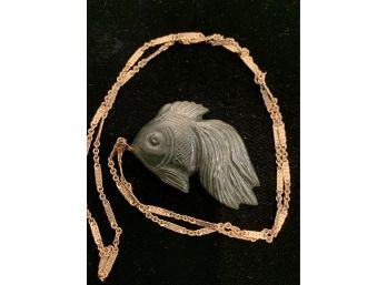 Carved Jade Fish With 14kt Gold Bale And Gf Chain