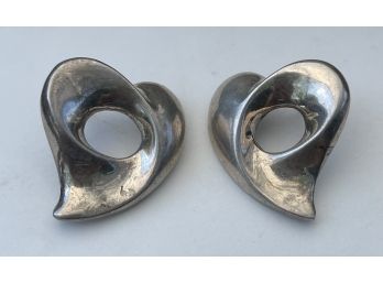 Beautiful Pair Of Sterling Silver Heart Shaped Pierced Earrings