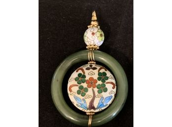 Unusual Jade Cloisonne And 14kt Gold Pendant
