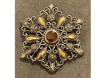 Beautiful Sterling Silver And Marcasite Brooch With Carnelian