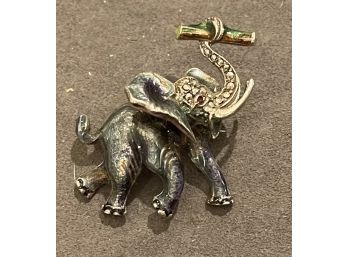 Vintage German Sterling Silver And Enamel Elephant Pin With Marcasites