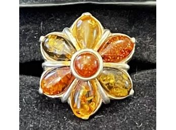 Pretty Sterling Silver And Amber Floral Shaped Ring Size 8
