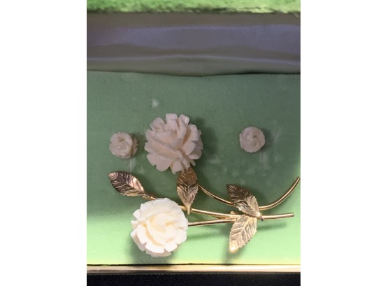 Vintage Ivory And Gold Filled Rose  Earrings And Brooch