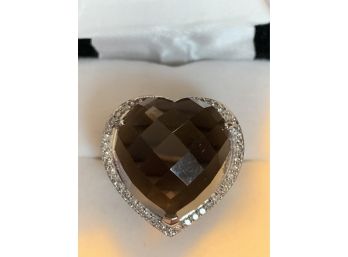 Huge 14kt Smoky Topaz Diamond Heart Ring
