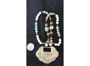 Chinese Silver, Jade And Enamel Beaded Lock Necklace