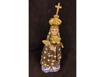 Decorated W/ Angels Mexican Wood Carving Of A Religious Female Diety