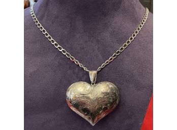 Lovely Sterling Silver Puffy Heart Pendant On Sterling Chain