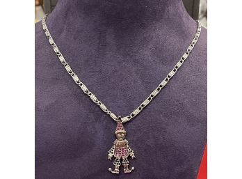 Amusing Sterling Silver And Jeweled Moveable Clown Pendant And Necklace