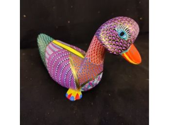 Decorated Mexican Wood Carving Of A Stylized Duck