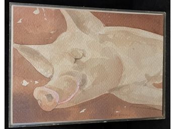 Connecticut Artist Mary Ronin Watercolor Of A Sleeping Pig
