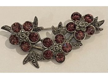 Fancy Sterling Silver Brooch With Marcasites And Colored Crystals