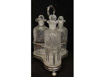 Antique Triple Crystal And Silver Plate Cruet Set
