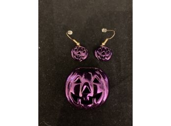Cute Purple Pumpkin Jack O Lantern Pin And Earrings