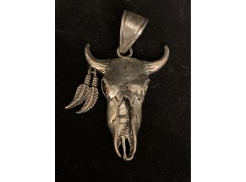 Southwest Sterling Bull Skull With Feathers Pendant