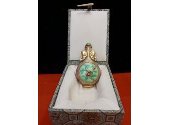 Vintage Chinese Enamel Snuff Bottle With Jade Top