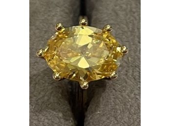 Fabulous Yellow Tourmaline Solitaire Set In Vermeil Sterling Silver Size 8