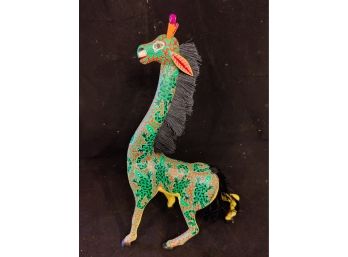Decorated Mexican Wood Carving Horse / Giraffe W/ Mane And Tail Faux Hair