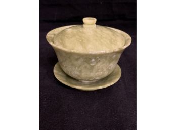 Vintage 3 Pieces Jade Covered Bowl And Plate