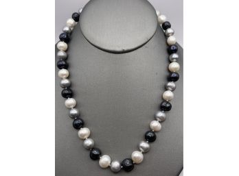 Black Silver And White 10-11MM Cultured Pearls With Sterling Clasp