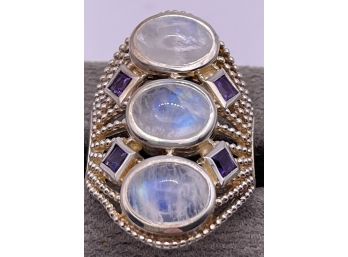 Rainbow Moonstone And Amethyst Ring By Himalayan Gems Size 8.5
