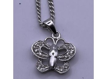 Lovely 18k White Gold And Diamond Butterfly Pendant On Sterling Chain