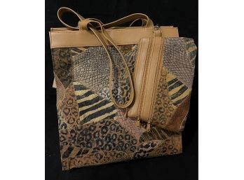 Brand New Studio Imports Leather Animal Print Bag And Makeup Case