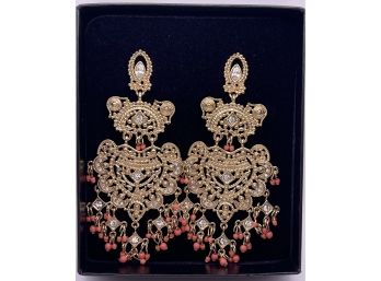 Huge Gold Tone And Crystal Statement Earrings With Faux Coral