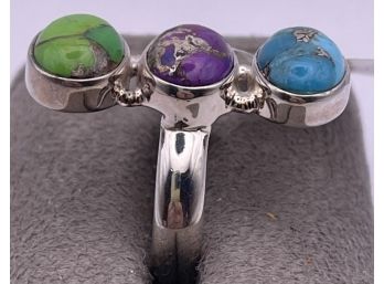 Beautiful Sterling Silver And Tri Color Turquoise Ring Size 8