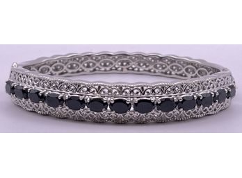 Beautiful Silver Tone Bangle Bracelet With Black Crystals