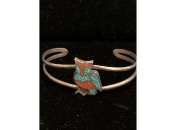 Vintage Zuni Sterling Turquoise And Coral Owl Bracelet