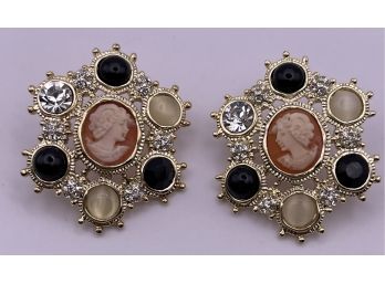 Amodeo Gold Tone Cameo And Crystal Earrings