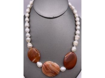 Baroque White Cultured Freshwater Pearls With Agate And Sterling Clasp