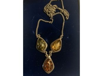 Unusual 3 Colored Amber Sterling Silver Necklace