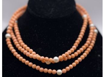Fantastic Angel-skin Coral And Cultured Pearl Necklace With 14k Gold Clasp