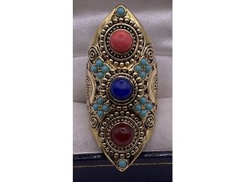Interesting Coral Lapis And Carnelian Gold Tone Ring Size 8