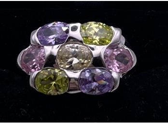 Lovely Multi Gemstone And Sterling Silver Ring Size 8.5