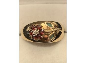 Beautiful Gold Diamond Emerald And Garnet Ring