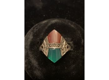 Deco Sterling Silver Marcasite Carnelian Chrysoprase Ring
