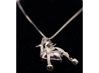 Vintage Sterling Silver Reindeer Pendant With Bells On Sterling Chain