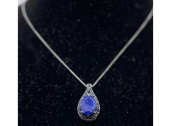 Nice Sterling Silver And Genuine Sapphire Pendant With Diamonds