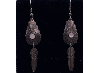 Vintage Navajo Native American Sterling Silver Feather Earrings With MOP