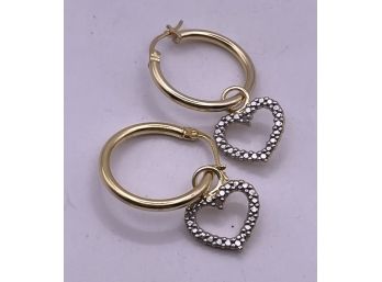 Pretty Gold Over Sterling Silver Heart Dangle Earrings With Diamond Accents