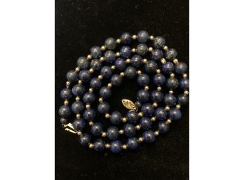 Classic Genuine Lapis And 14kt Gold Beads Necklace
