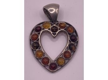 Vintage Sterling Silver Amber Heart Pendant