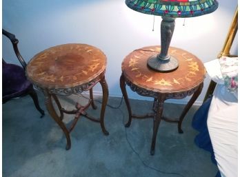 Pair Of Carved And Floral Inlaid End Tables