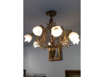 Art Nouveau Bronze Chandelier With Frosted Glass Shades
