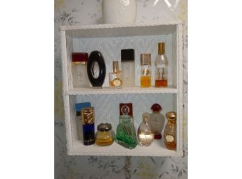 Vintage Perfume Lot And Wicker Shelf