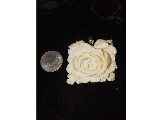 Large 14 Karat Gold And Carved Ivory Rose Pendant
