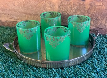 S/4 Green With Gold Design Cocktail  Glasses By Patina Vie