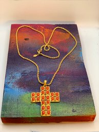Vintage Kenneth Jay Lane Faux Coral Cross Pendant Necklace